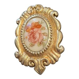 Vintage Floral Porcelain Cameo Brooch Gold Ornate Frame 1.75” JB7
